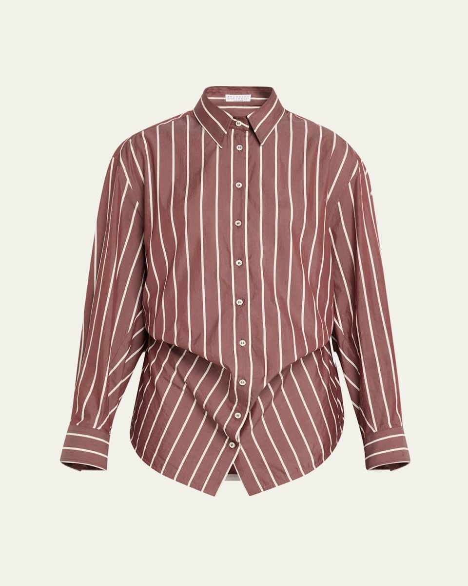 Striped Cotton-Silk Button Down Shirt With Monili Tri